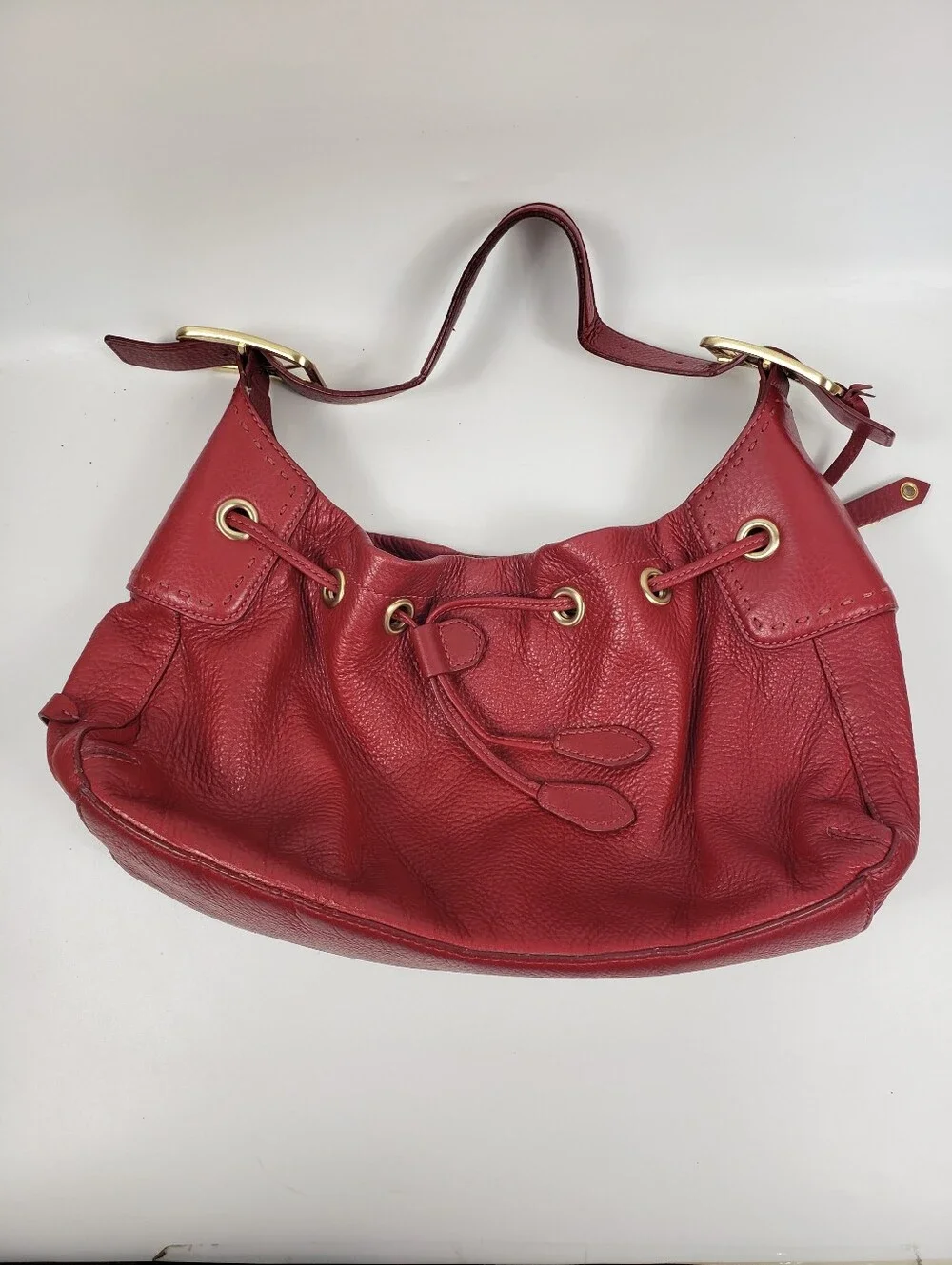 Cole Haan Red Pebble Leather Hobo Drawstring Shoulder Bag - Classic Staple